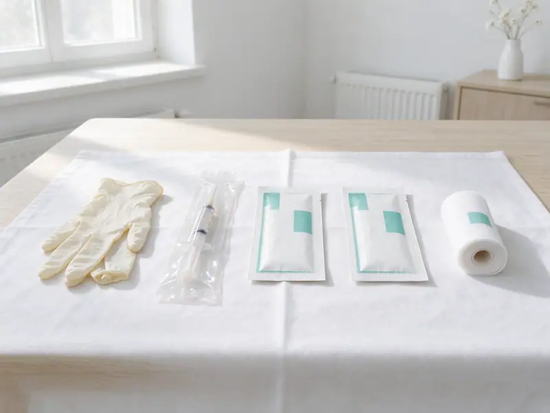 Pajisje sterile njëpërdorimshme të vendosura në një pëlhurë të bardhë